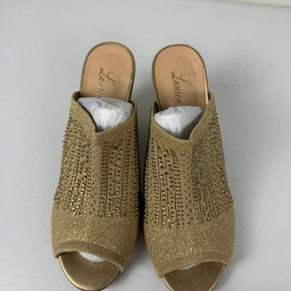 Lauren Lorraine Womens 8.5‎ Martha Wedge Sandal Gold Rhinestone Glam Evening NEW